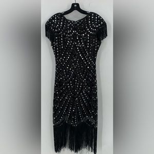 Fundaisy Womens Black Short Sleeve Sequin Fringe Cocktail Sheath Dress Large